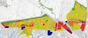 Image from the 2004 Greater Wards Corner Comprehensive Study showing the mostly single family, auto centric land use in the study area (yellow)