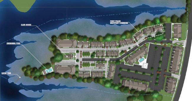 Proposed site plan including apartments to the bottom right and townhouses to the left